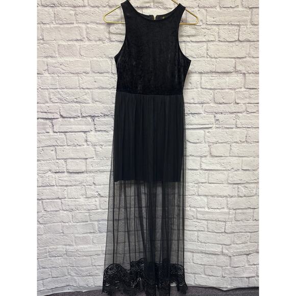 Passion Fusion Black Crushed Velvet Sheer Lace Sleeveless Witchy Maxi Dress MED - Picture 2 of 5